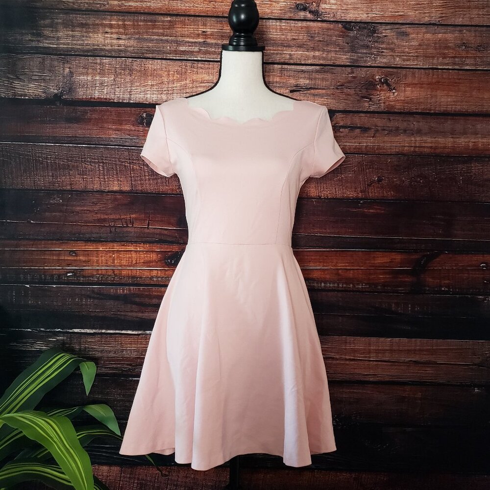 Love..ady Dress M Pink Scalloped Neckline Stretchy Fit & Flare USA Made